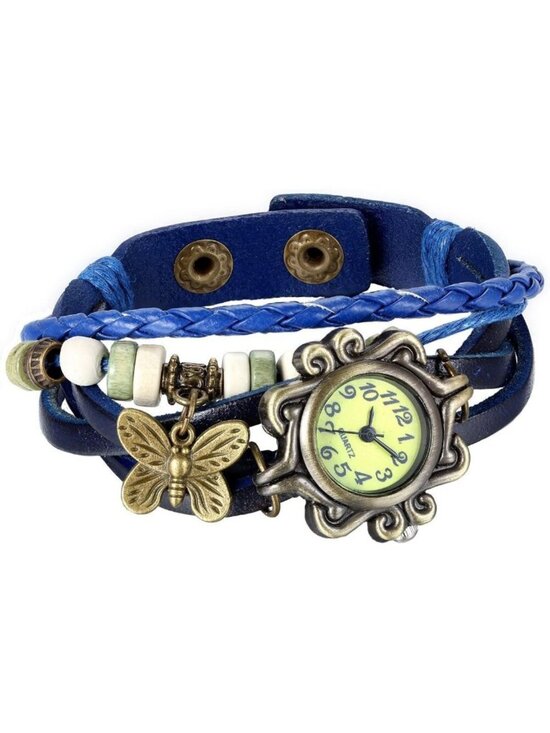 Accessories - Women's Blue Analog Butterfly Bracelet Weave Wrap Around Leather Wrist Watch